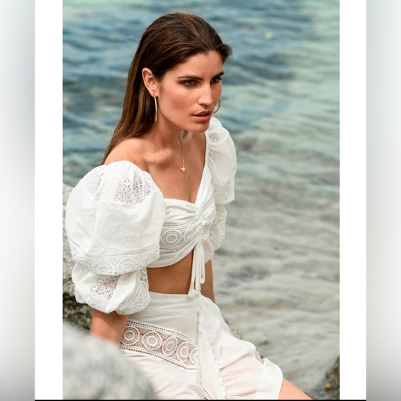 Waimari lace ruffle cropped top and wrap skirt side tie white set XS